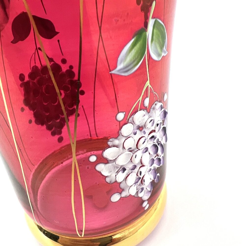 Famosa LPW Vienna Austria Ruby Red Glass Vase Hand Painted Grapes Gold Trim - Picture 9 of 14